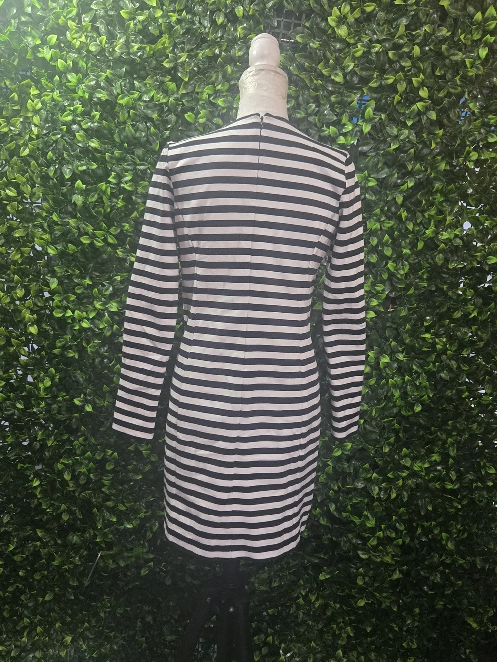 Michael Kors Black and White Striped Long-Sleeve Mini Dress